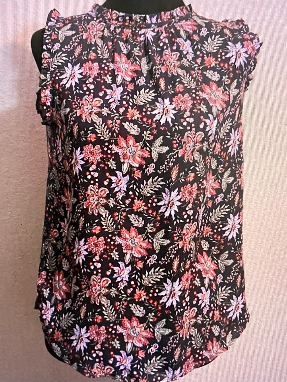 LOFT Black Floral Ruffle Mock-Neck Sleeveless Shell